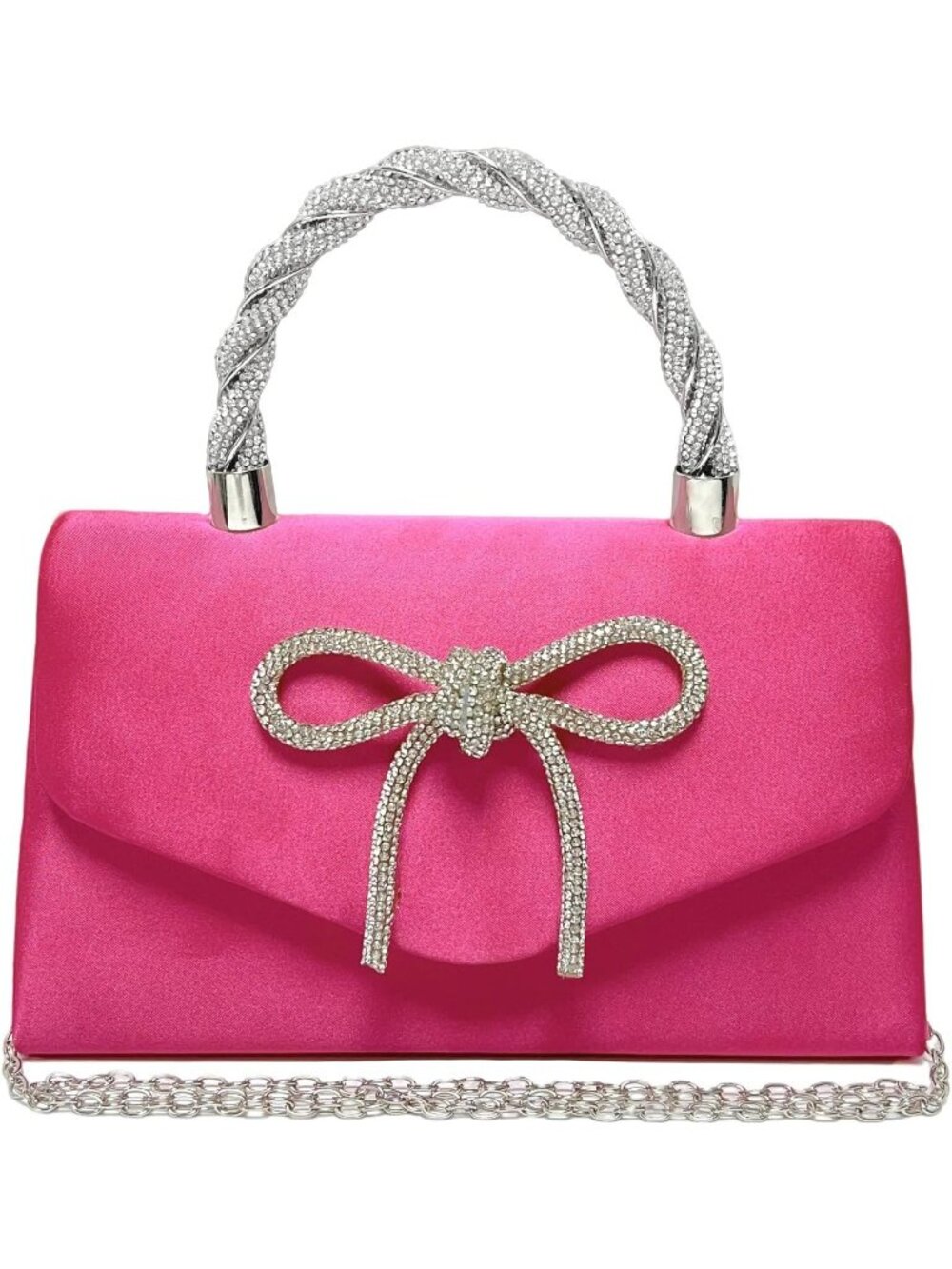 〽️ Women's Hot Pink Sparkly Bow Rhinestone Clutch Purse Wedding Evening Bag